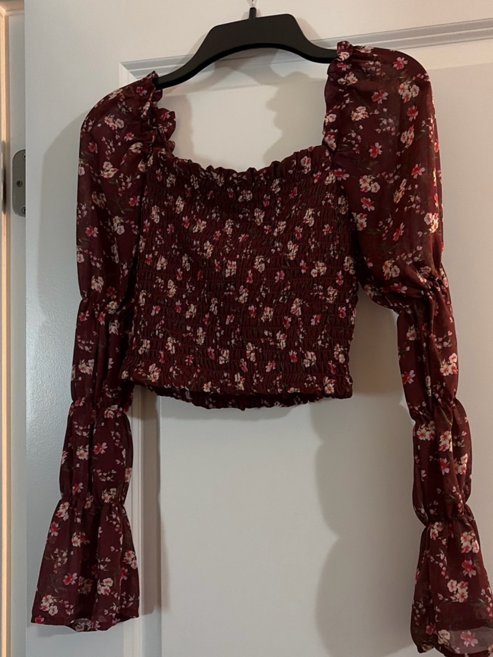 Smocked Square-Neck Floral Off Shoulder Crop Top - Burgundy